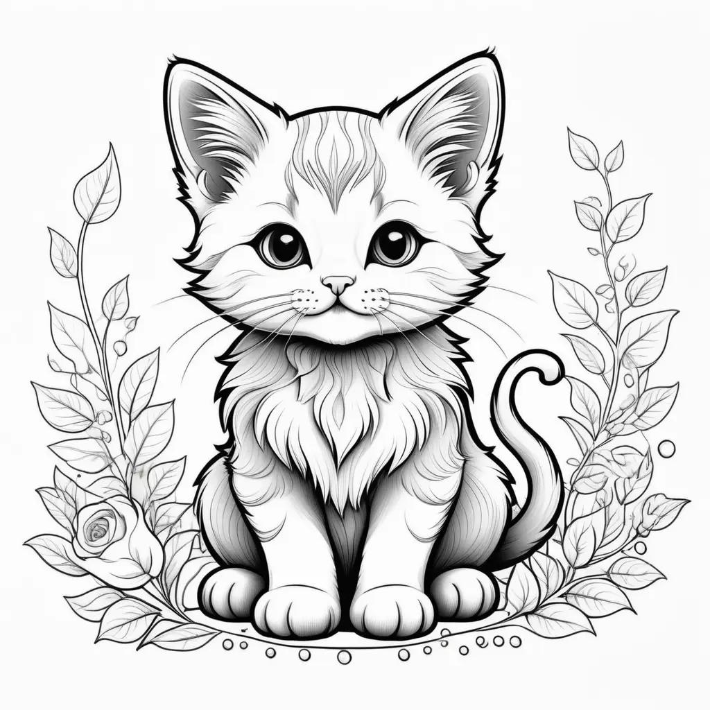 cute kitten coloring page with flowers and leaves