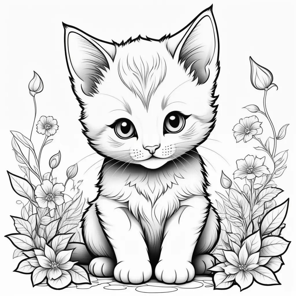 cute kitten coloring page with flowers and leaves