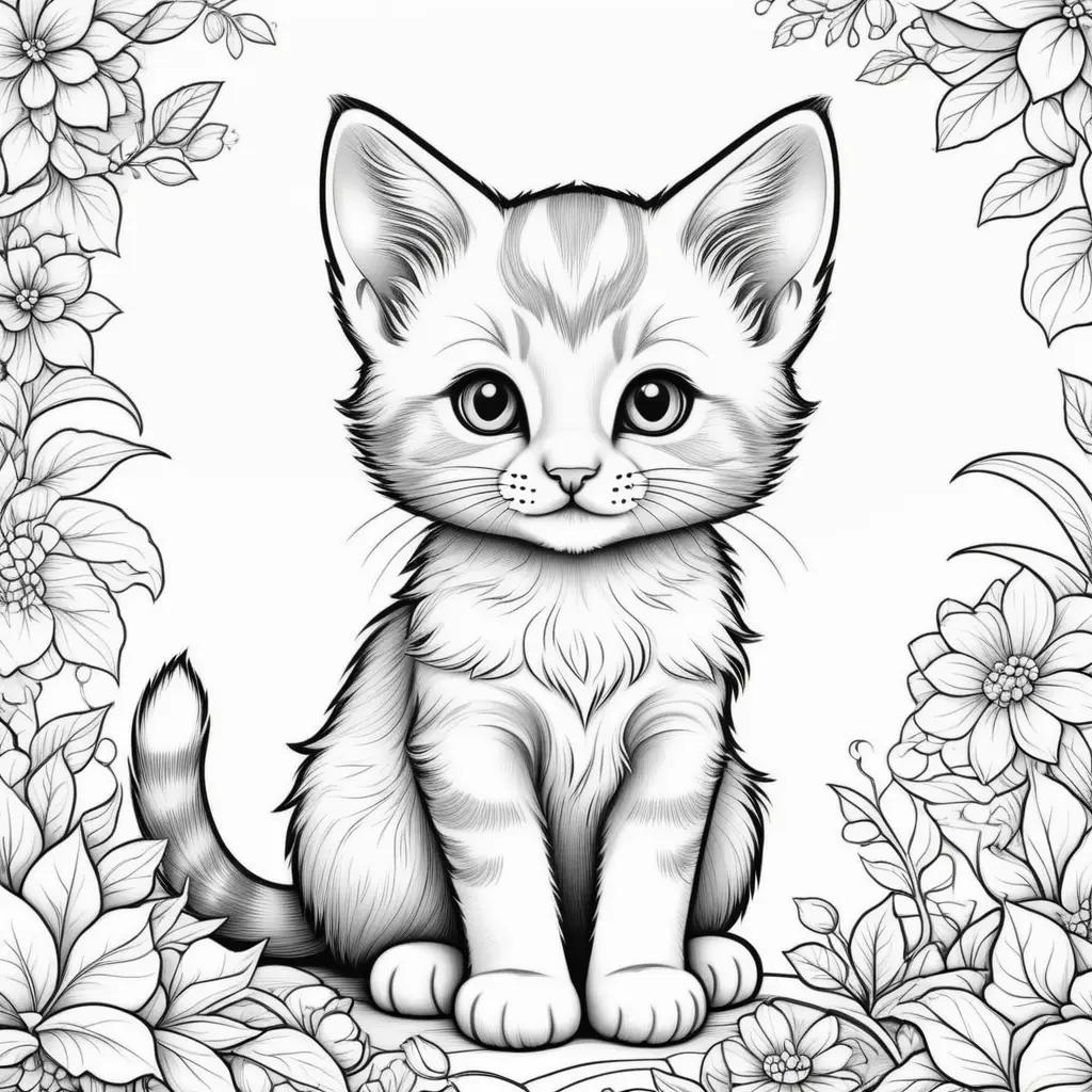 cute kitten coloring page with flowers around it