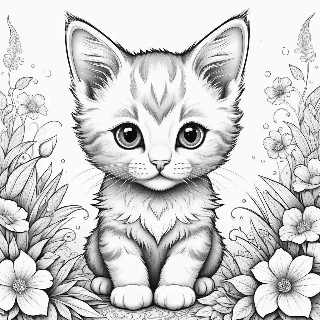 cute kitten coloring page with flowers in the background