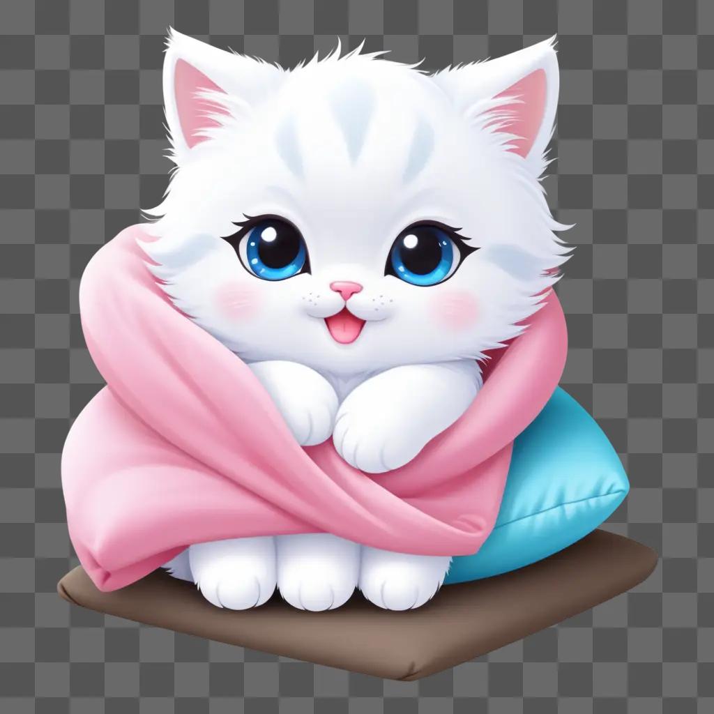 cute kitten drawing with pink eyes and a blue blanket