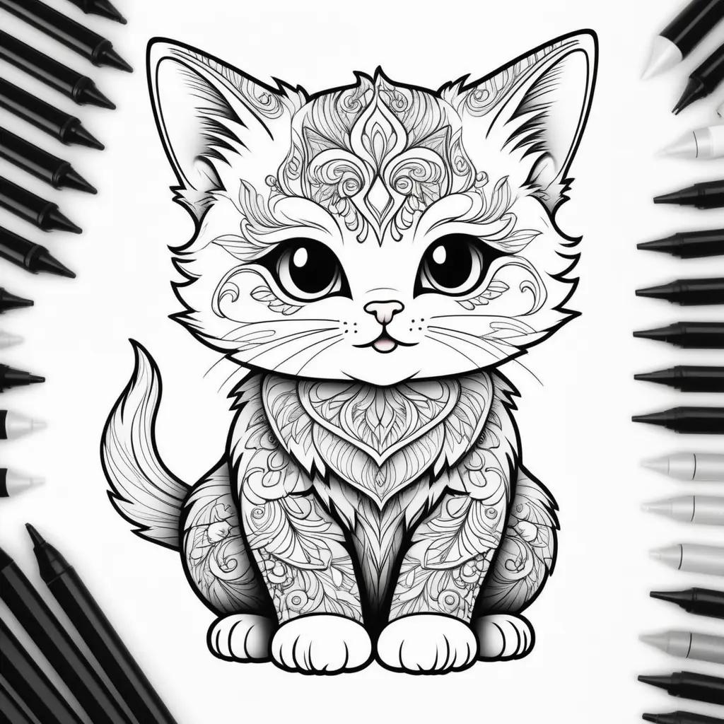 cute kitten is the center of attention in a black and white coloring page