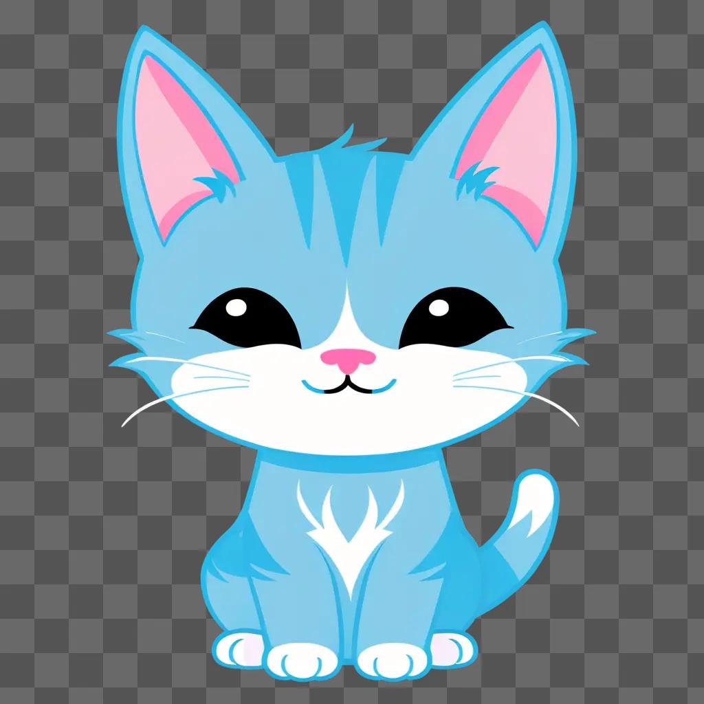 cute kitten with pink ears and nose sits against a blue background