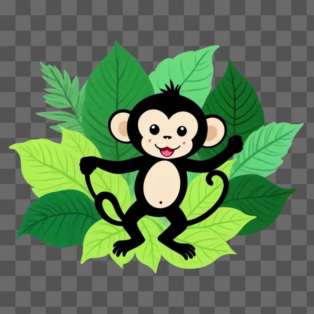 cute monkey drawing with green leaves