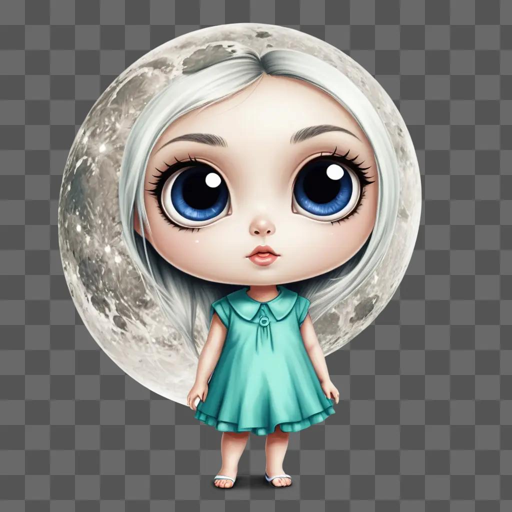 cute moon drawing A cartoon girl with a blue dress and big blue eyes