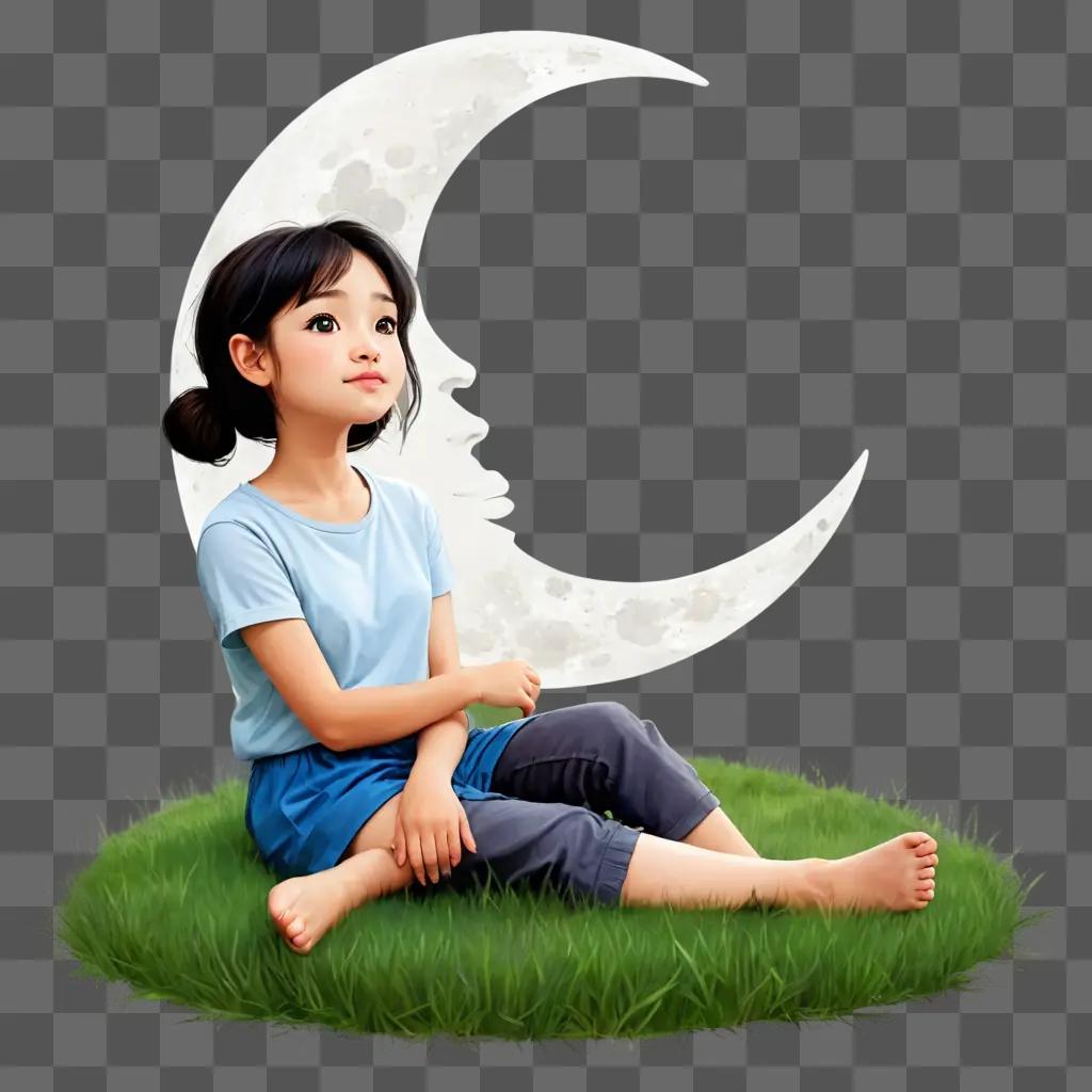 cute moon drawing A girl sits on the grass in front of a crescent moon