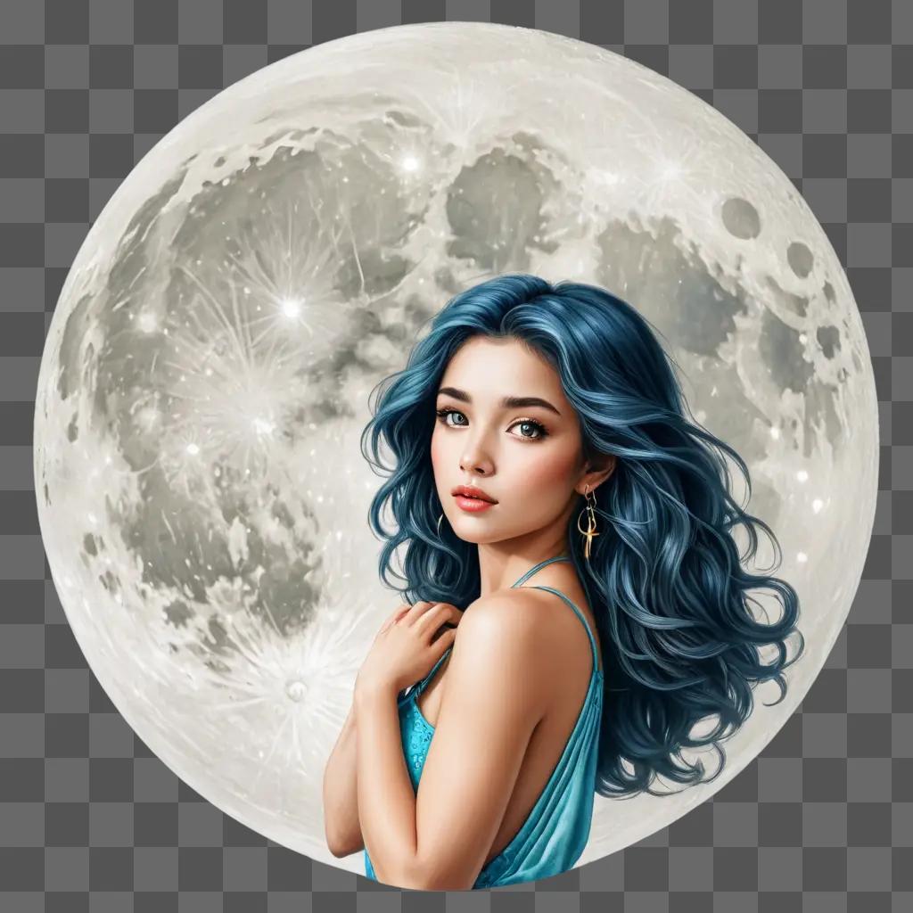 cute moon drawing A girl with blue hair and gold earrings stands before the moon