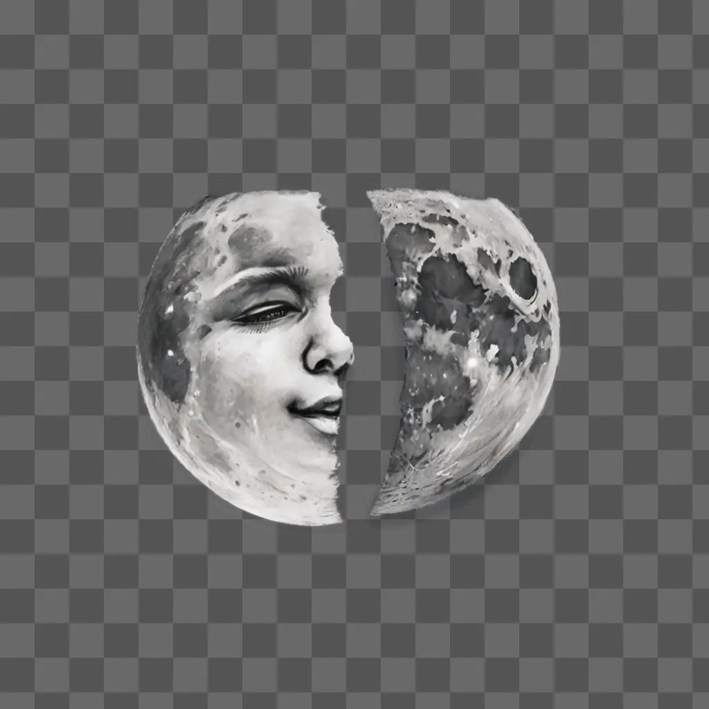 cute moon drawing A moon divided in half with a face on each side