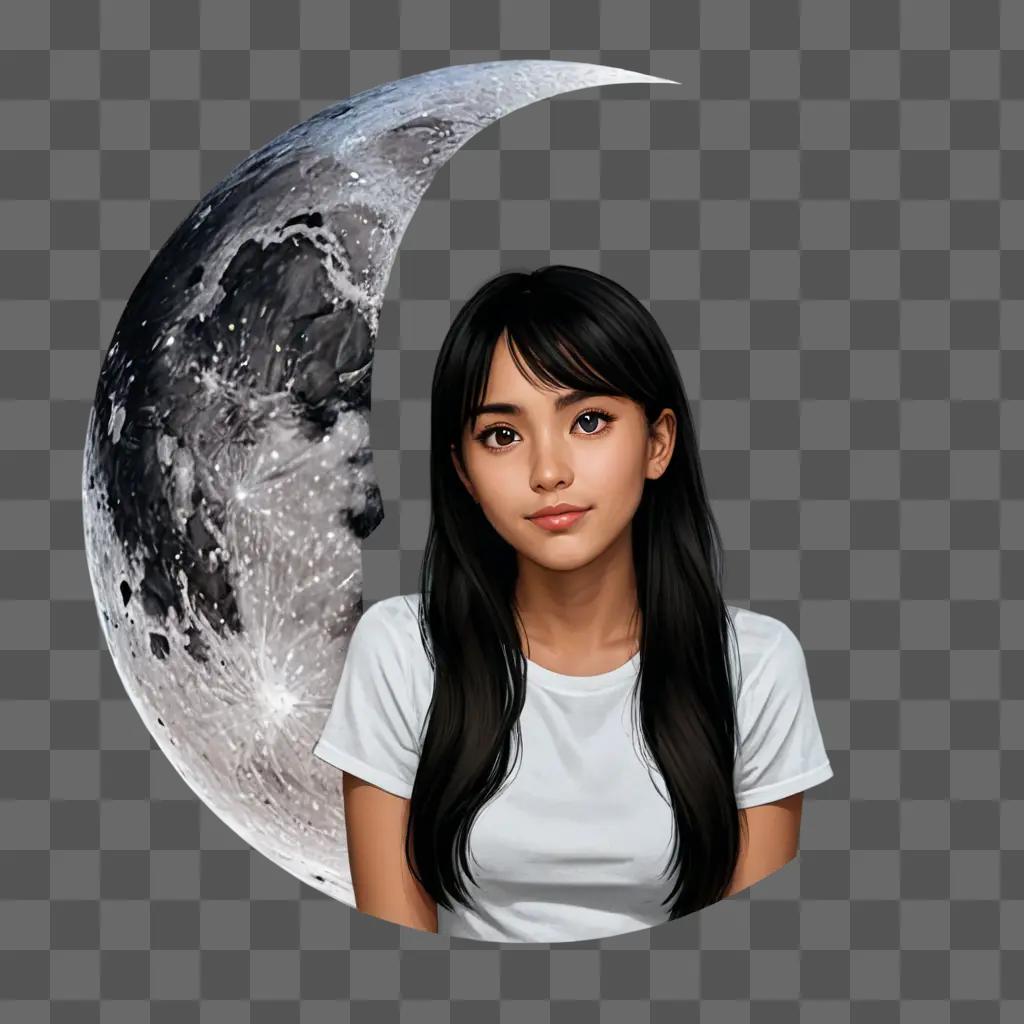 cute moon drawing A young woman posing in front of a crescent moon