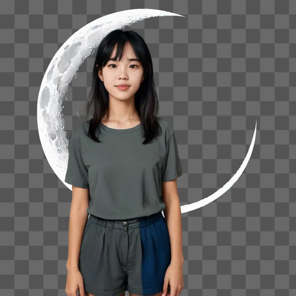 cute moon drawing Girl in gray shirt posing for a moon photo