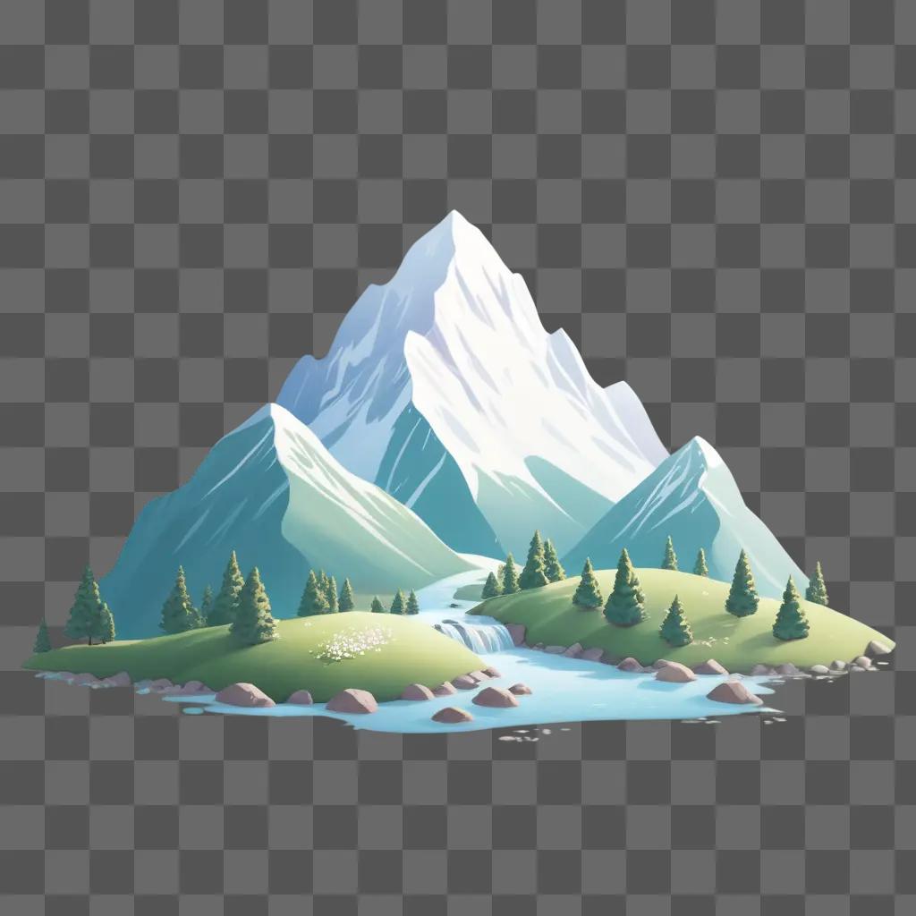 cute mountain drawing with a river and trees