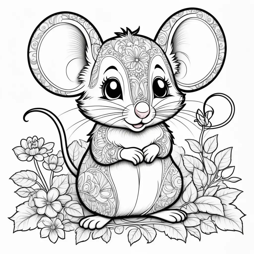 cute mouse coloring page with flowers and leaves