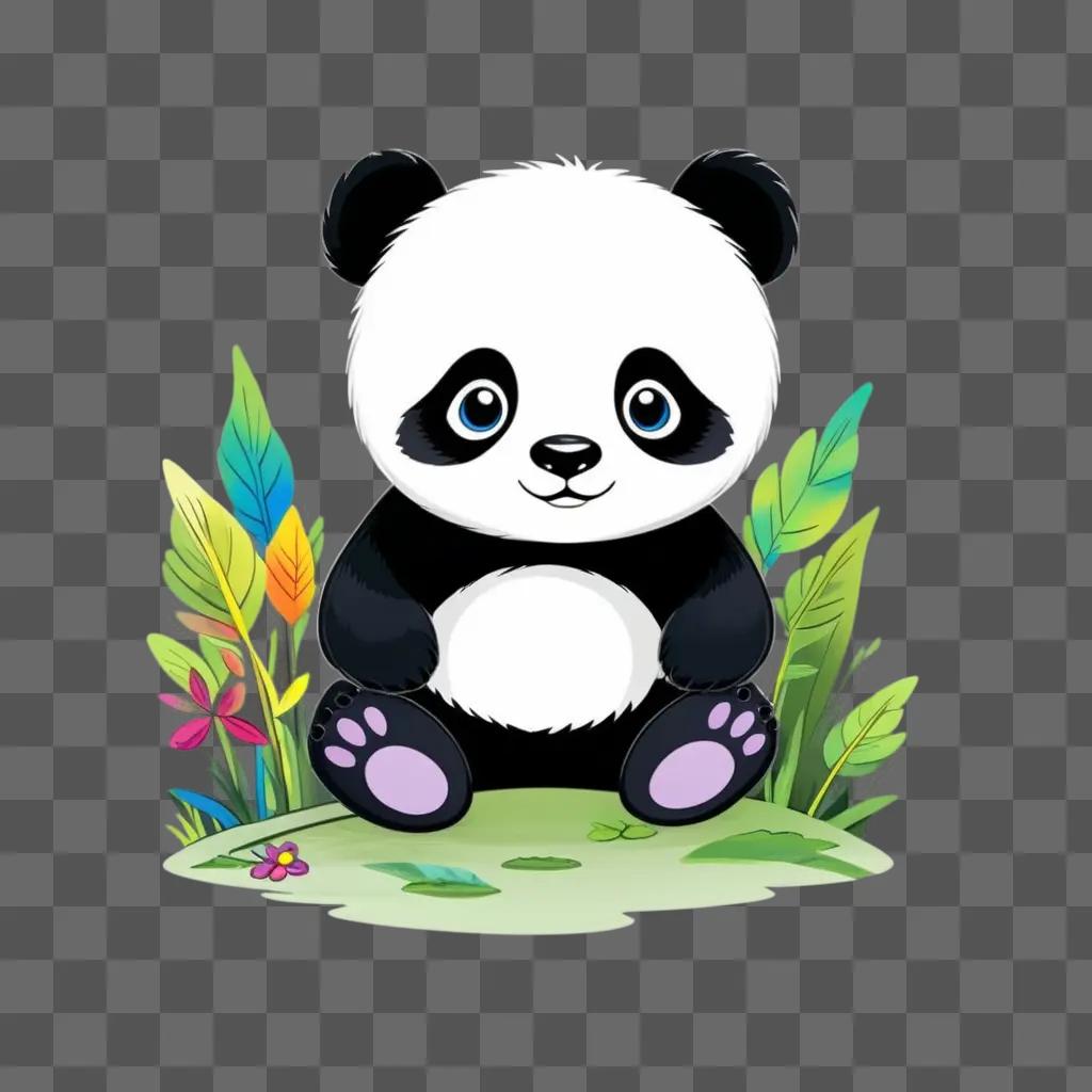 cute panda drawing sits in the middle of a lush garden