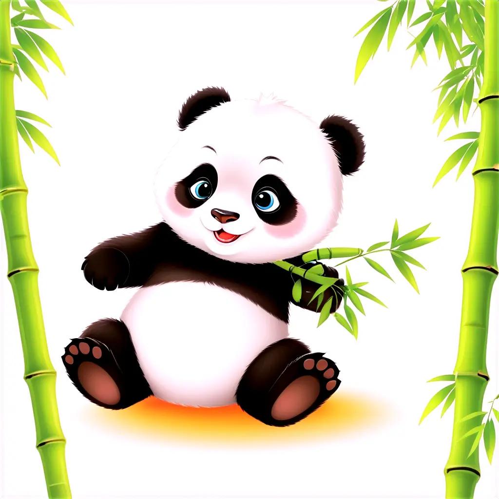 cute panda holding a bamboo branch with a big smile