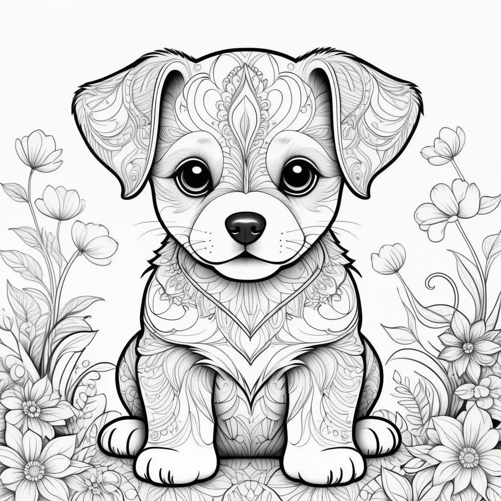 cute puppy coloring page with a flower pattern