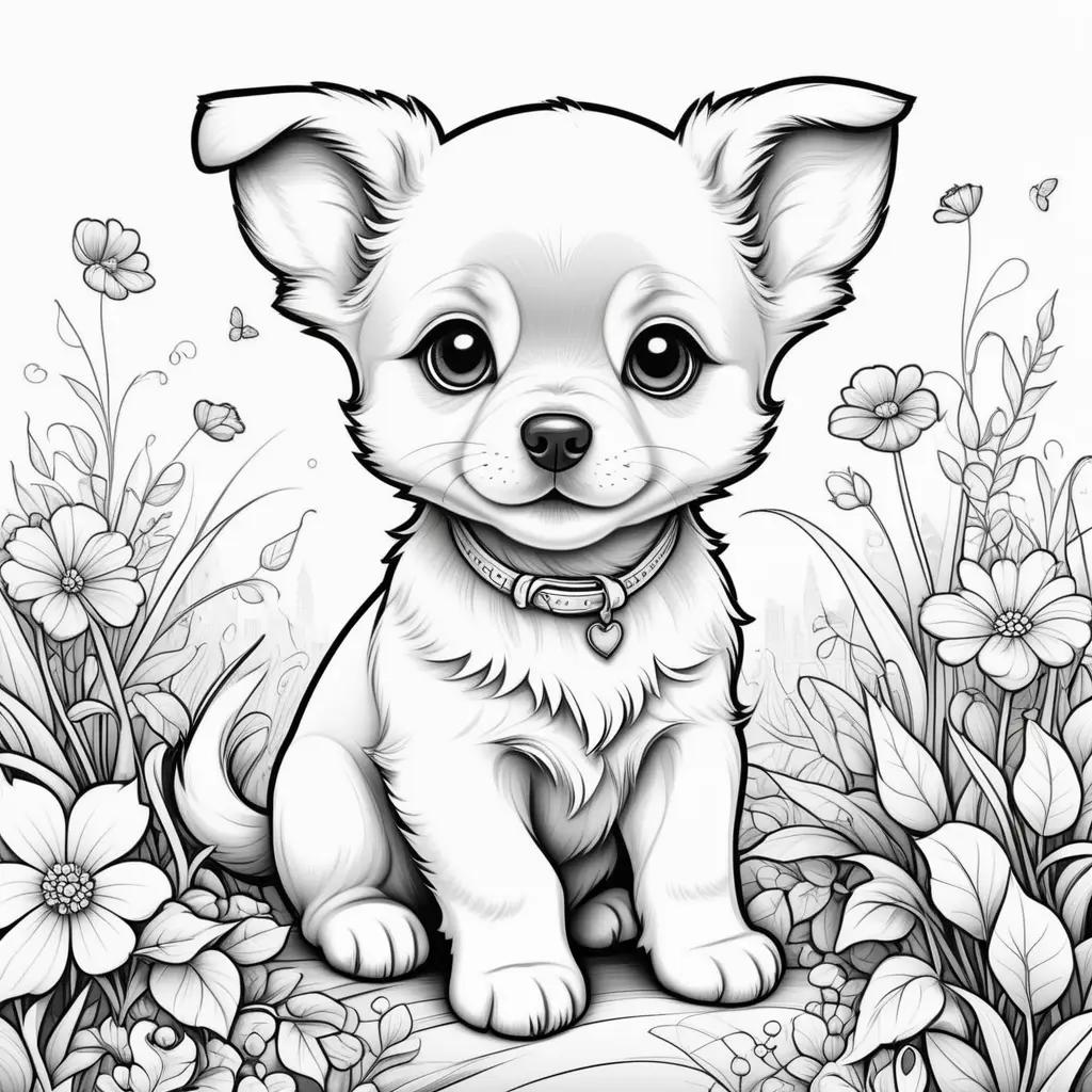 cute puppy coloring page with flowers and grass