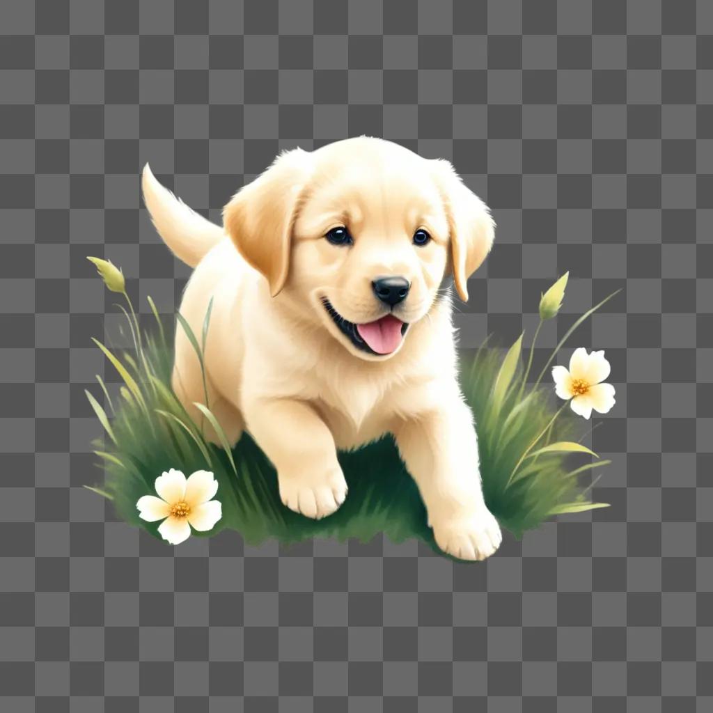 cute puppy is drawing in the grass