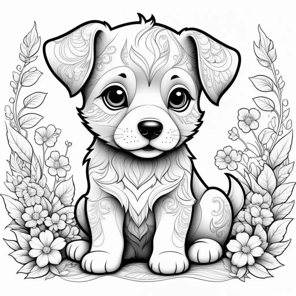 cute puppy is sitting in a floral ring in a black and white coloring page