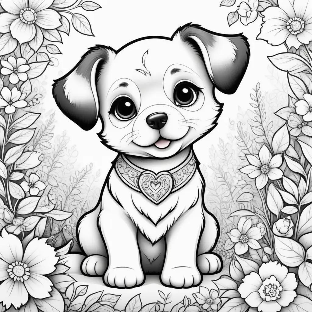 cute puppy sits among flowers in a coloring page