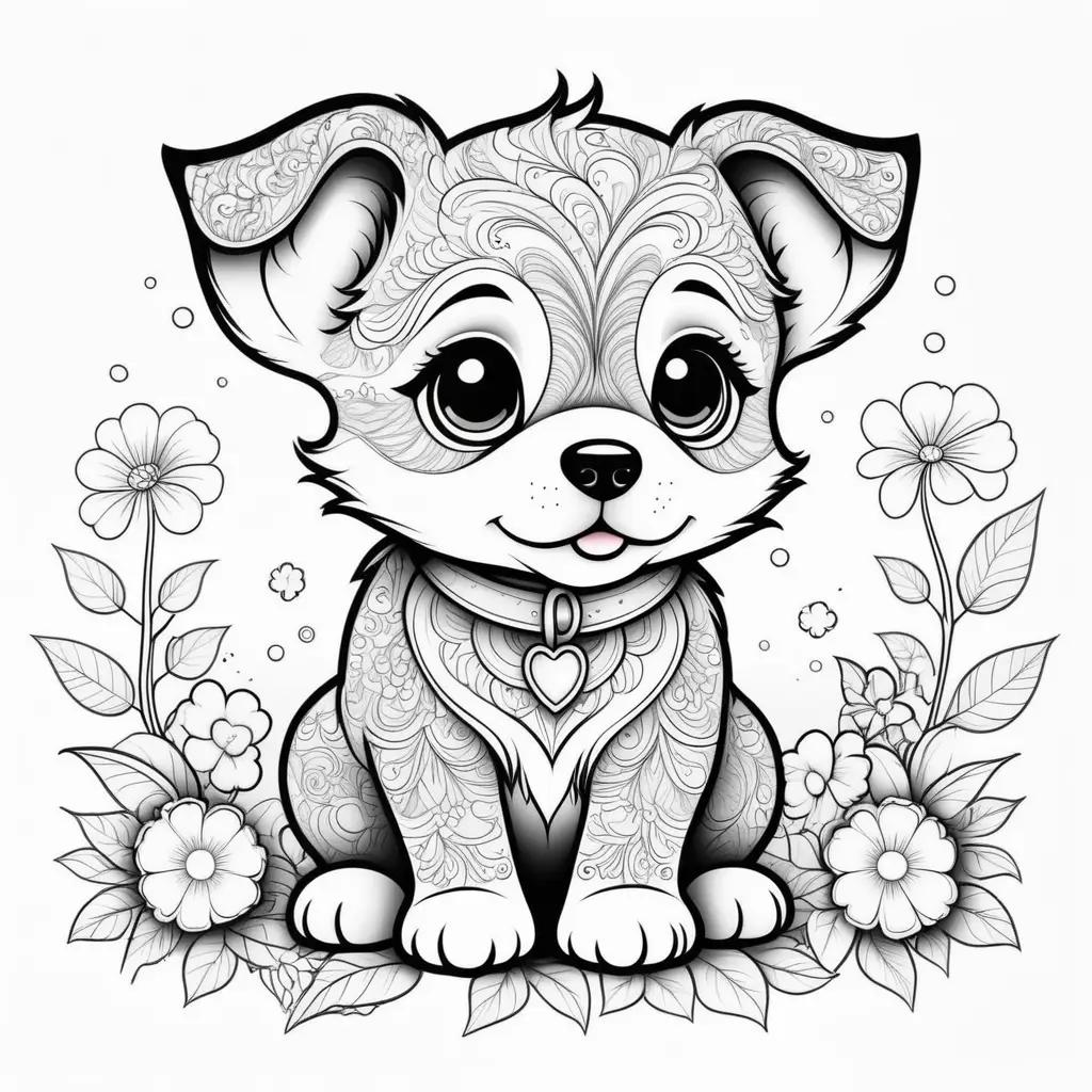 cute puppy sits in a floral arrangement in a black and white coloring page