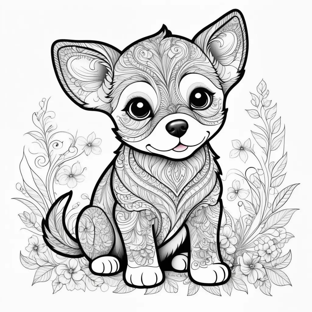 cute puppy sits in a floral background in a coloring page