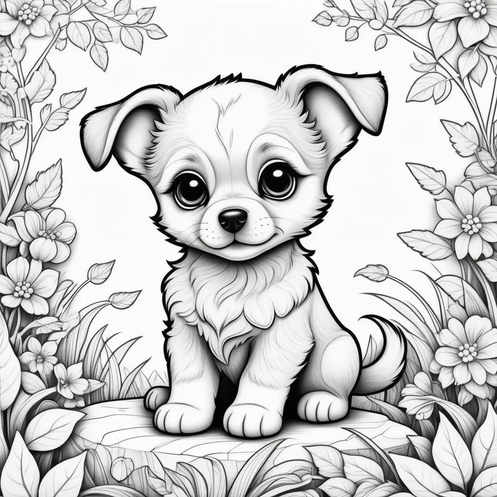 cute puppy sits in a floral setting for a coloring page