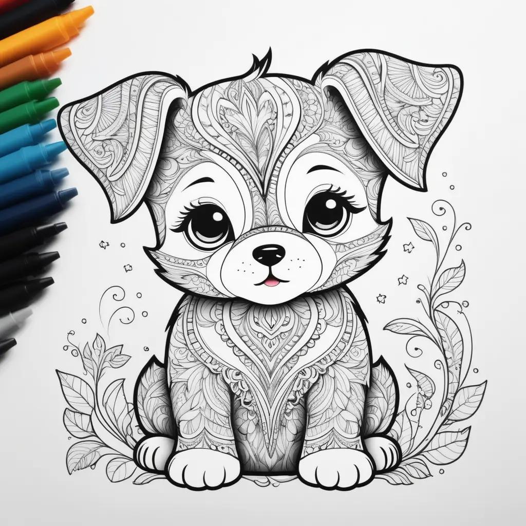 cute puppy sits in a flower arrangement while coloring pages with markers are scattered around