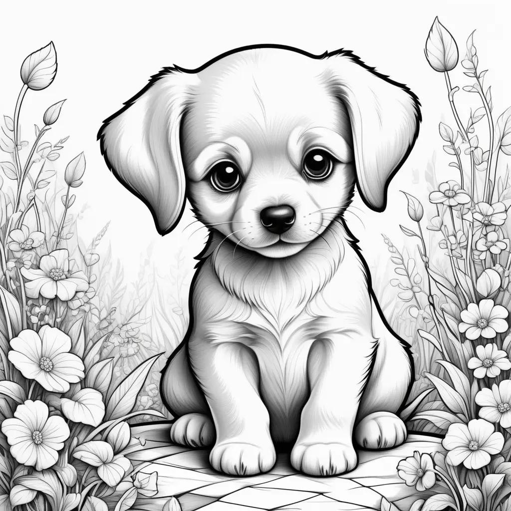 cute puppy sits in a flower-filled field in a black and white coloring page