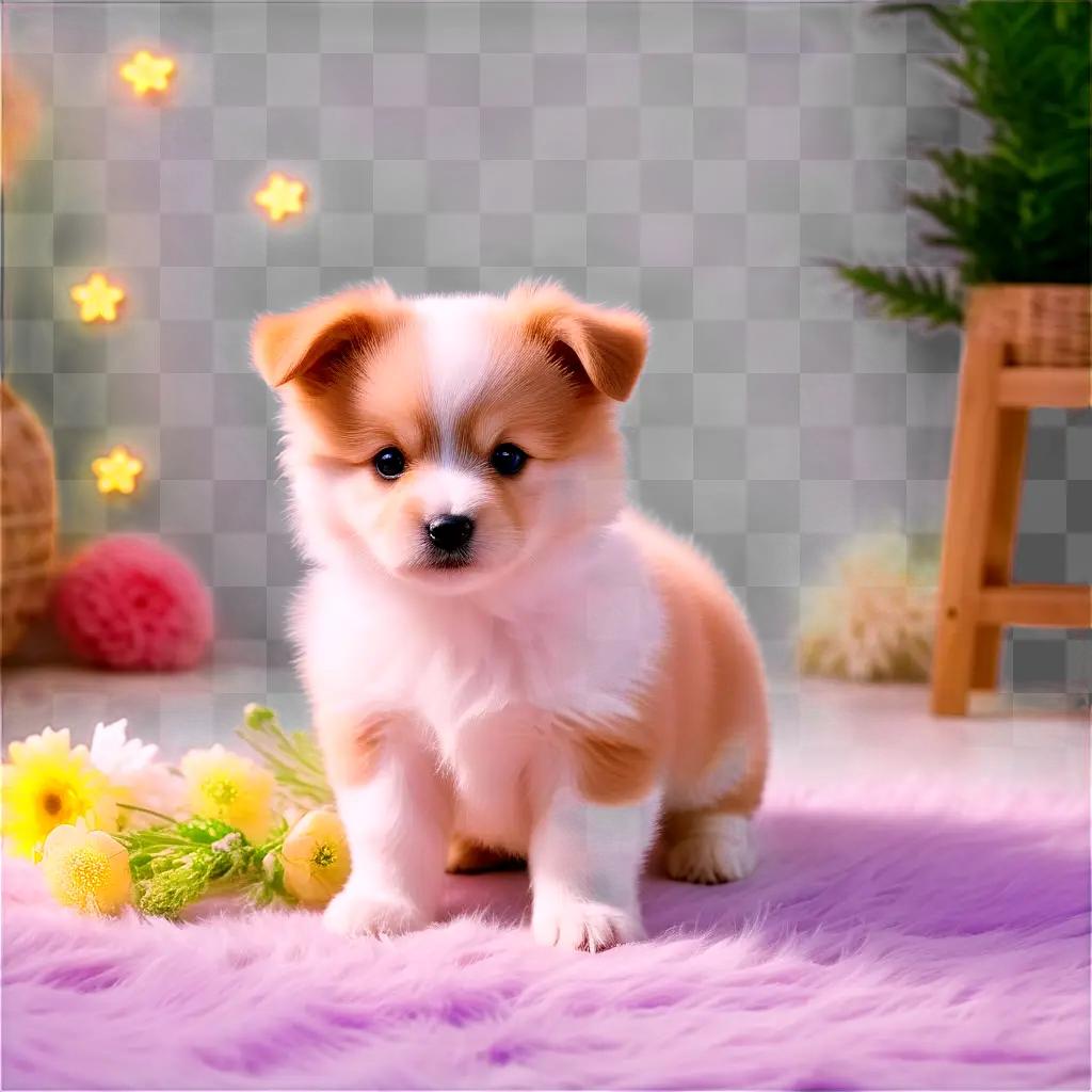 cute puppy sits in front of a bouquet of flowers