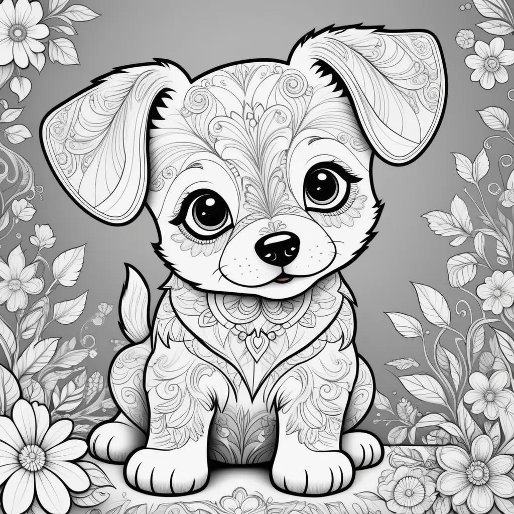 cute puppy sits on a floral background in a coloring page