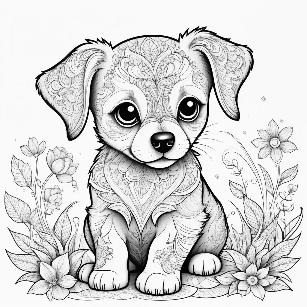 cute puppy sits on a flower bed in a black and white coloring page