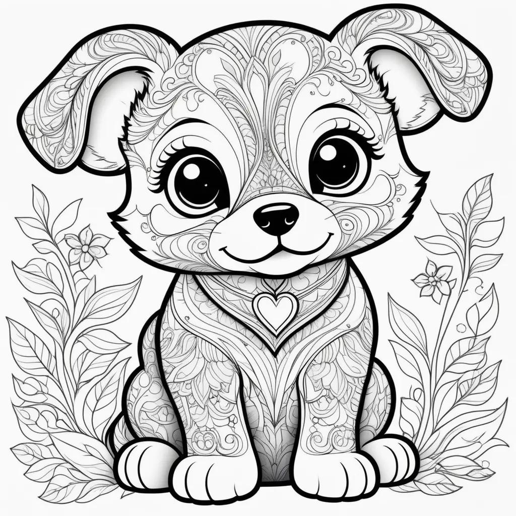 胸にハートが描かれたかわいい子犬は、大人向けのこの印刷可能なぬりえで紹介されています