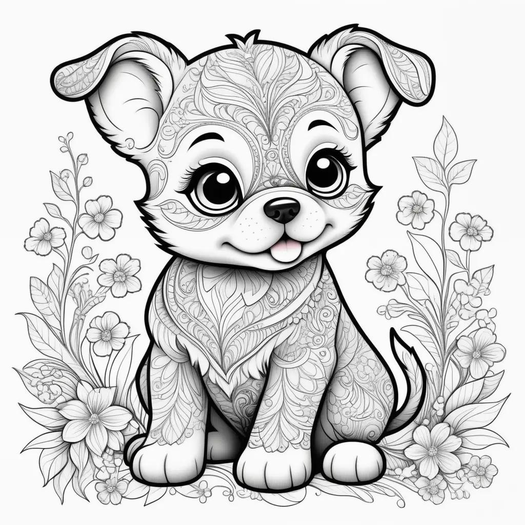 cute puppy with a tongue out in a black and white coloring page