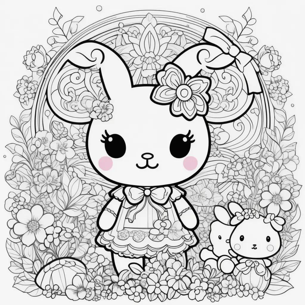 cute rabbit in a flower garden coloring page