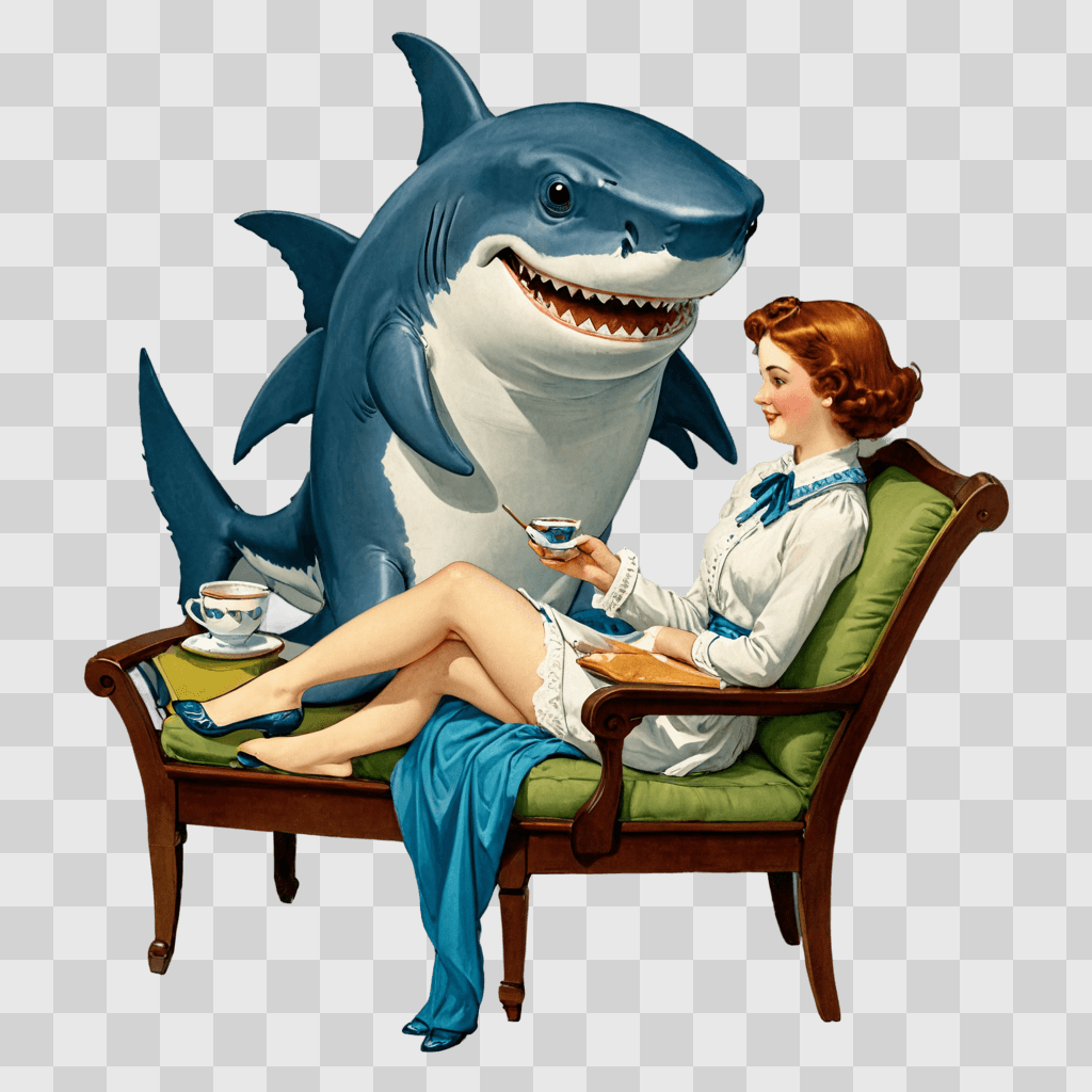 cute shark drawing A woman sits on a bench with a shark statue