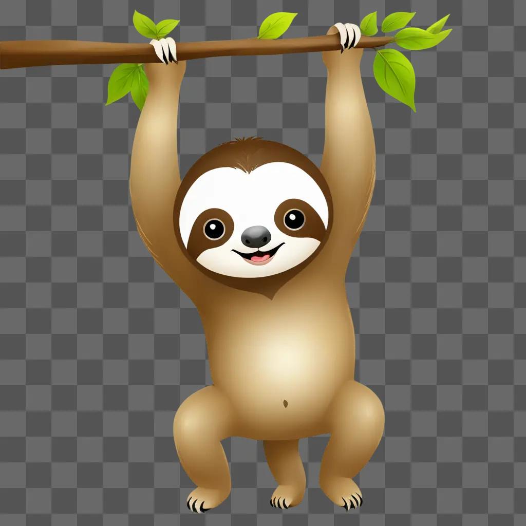 cute sloth cartoon A sloth hangs from a branch with green leaves