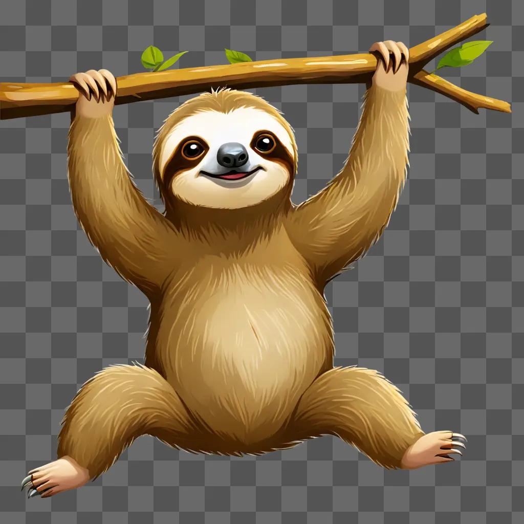 cute sloth cartoon A sloth hangs from a tree with leaves