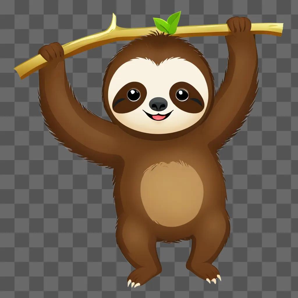 cute sloth cartoon A smiling sloth hangs from a stick