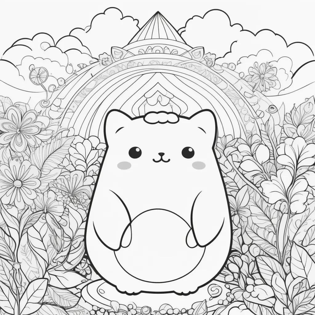 cute squishmallow coloring page with a rainbow background