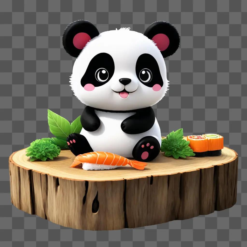 cute sushi drawing A cartoon panda bear sitting on a tree stump with sushi and vegetables