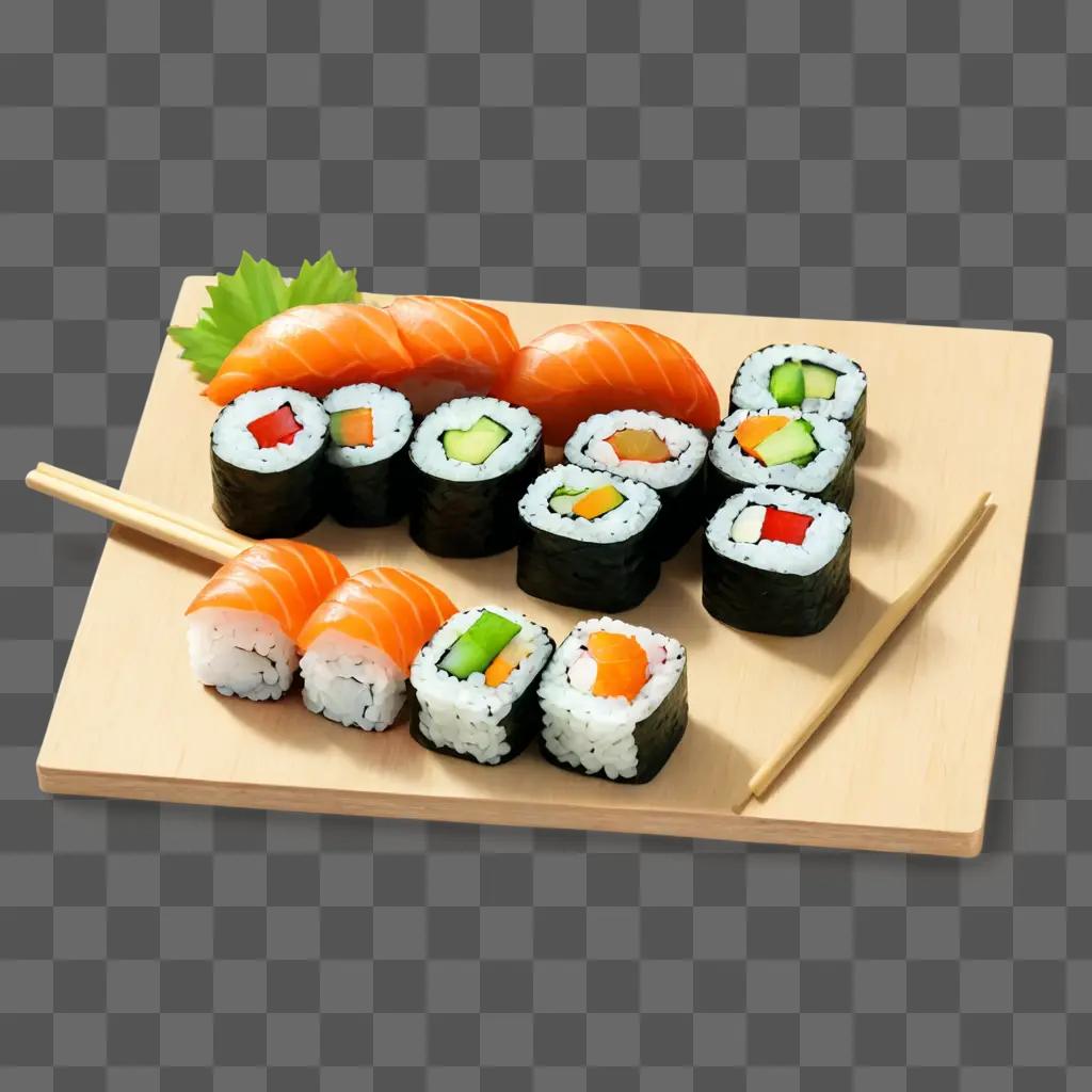 cute sushi drawing A wooden board holding a variety of sushi rolls