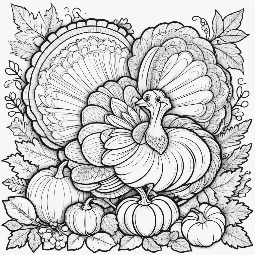 cute turkey coloring page with pumpkins and leaves