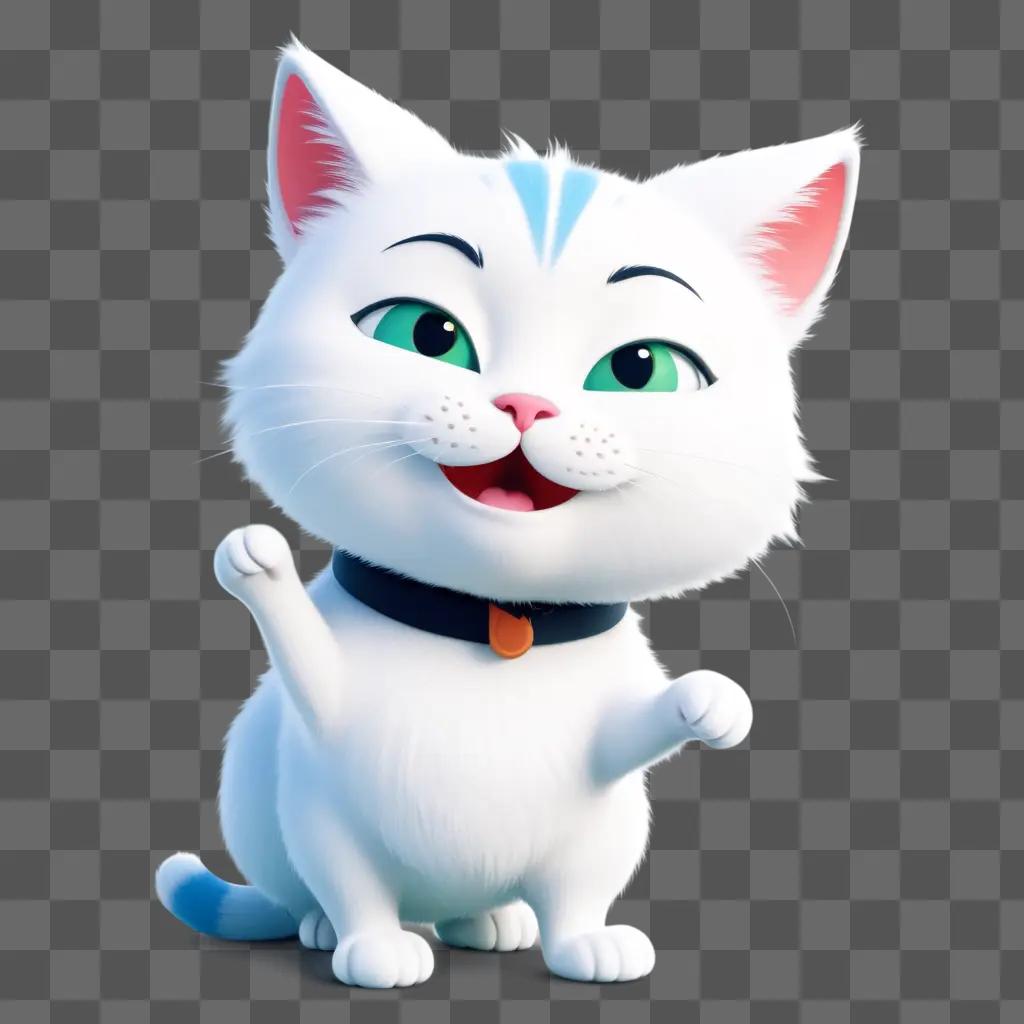 cute white cat is smiling and making a silly face