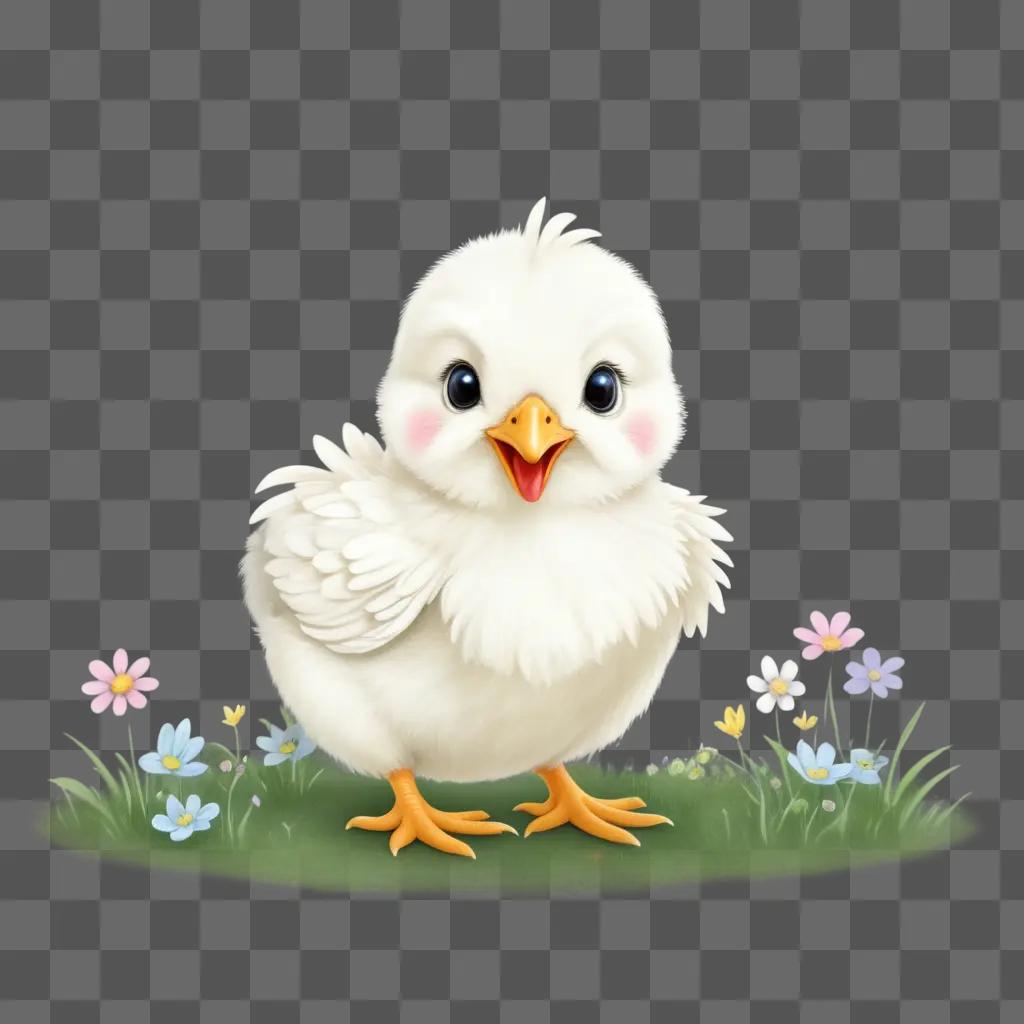 cute white chicken drawing with blue flowers in the background