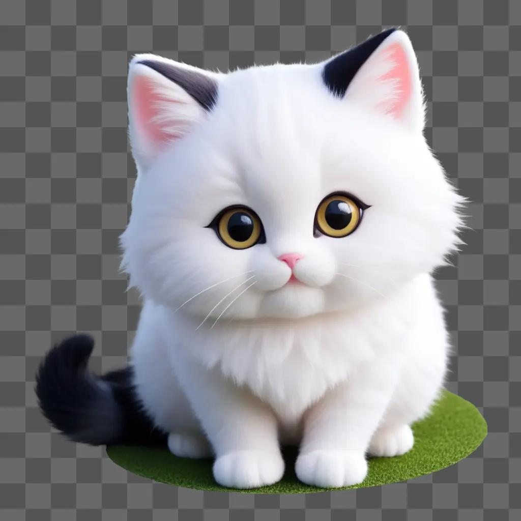 cute white kawaii cat sitting on a green cushion