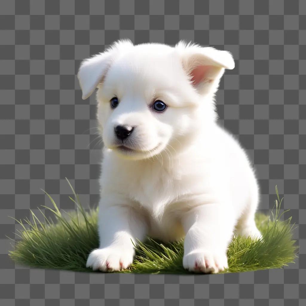 cute white puppy sitting on a green grassy lawn