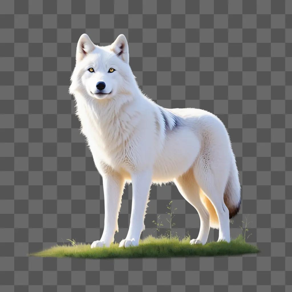 cute white wolf stands in the grass