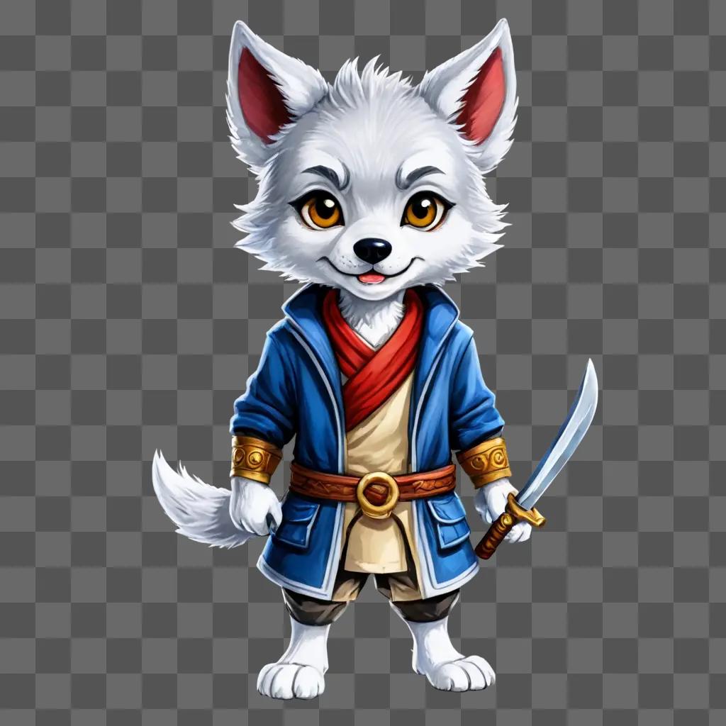 cute wolf drawing A cartoon white fox holding a sword