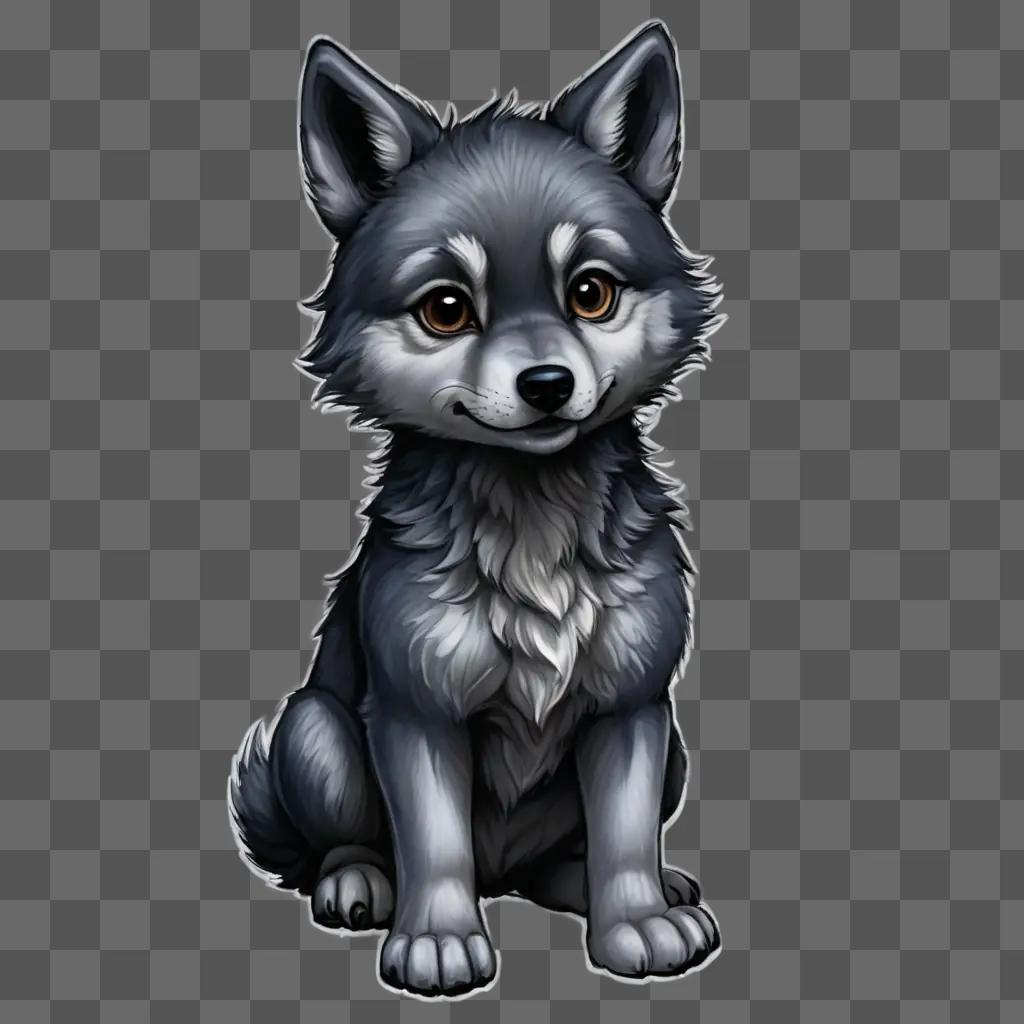 cute wolf drawing A gray wolf sitting on a gray surface