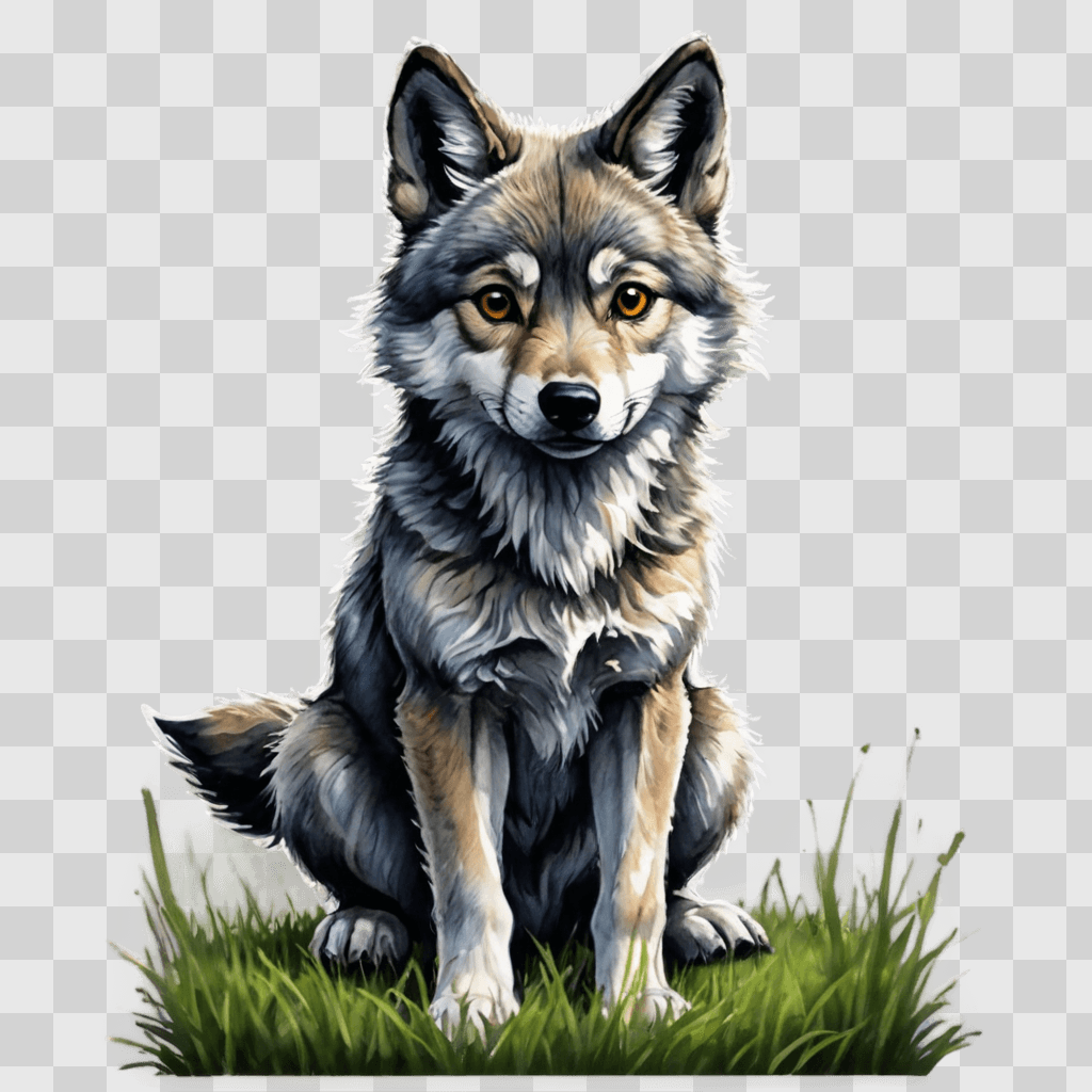 cute wolf drawing A wolf sits on the grass